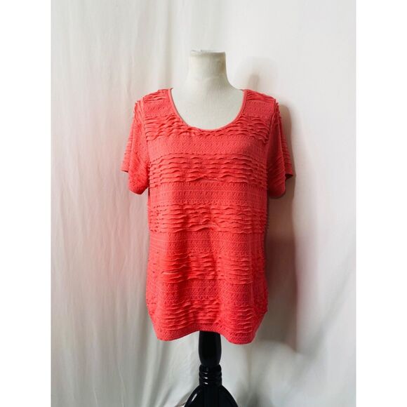 Notations Women's Tiered Blouse Salmon Pink Short Sleeve Scoop Neck Size 1X - Picture 2 of 9
